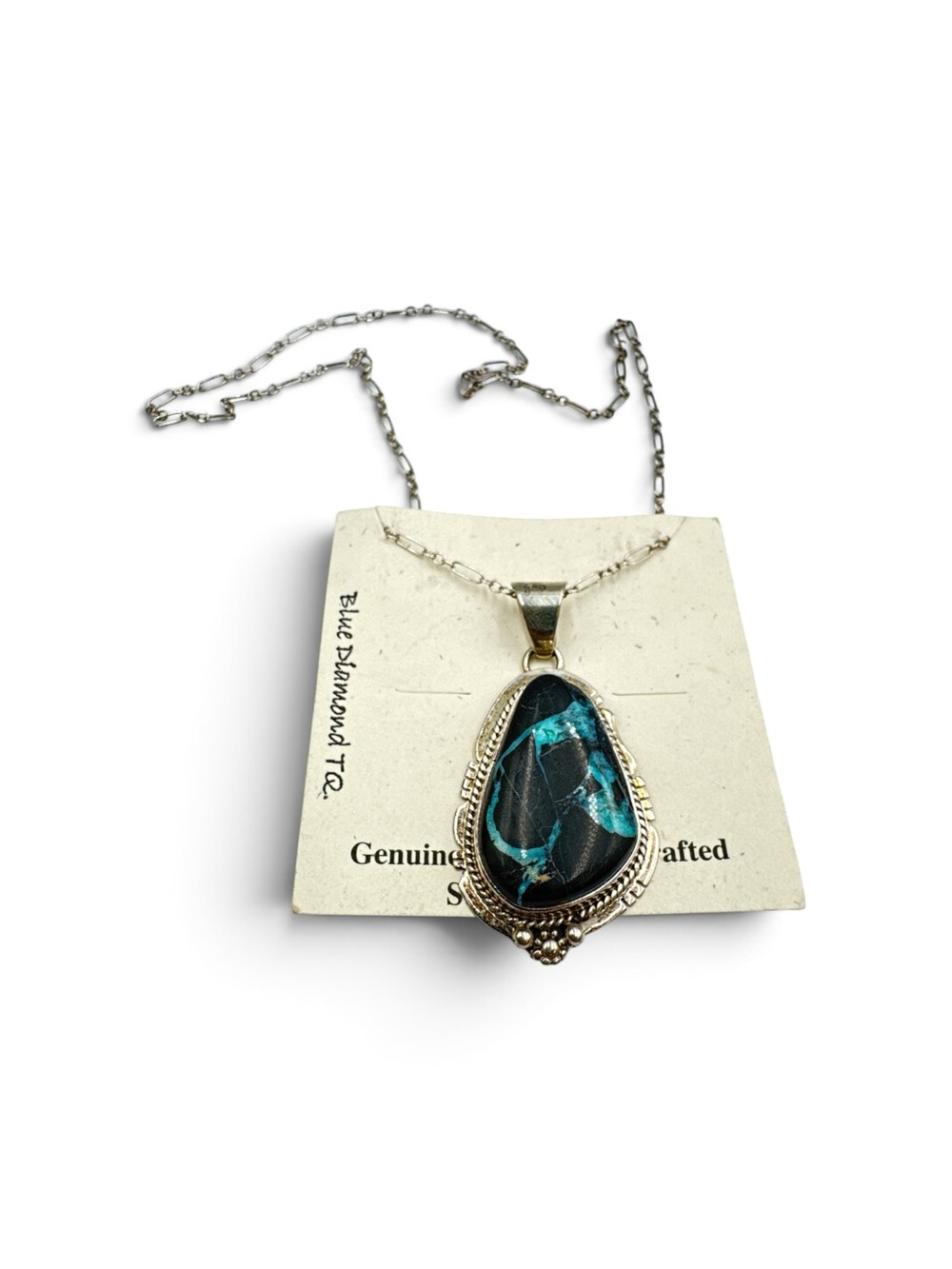 Vintage NOS Navajo Blue Diamond Turquoise Sterling Silver Pendant Necklace 18”